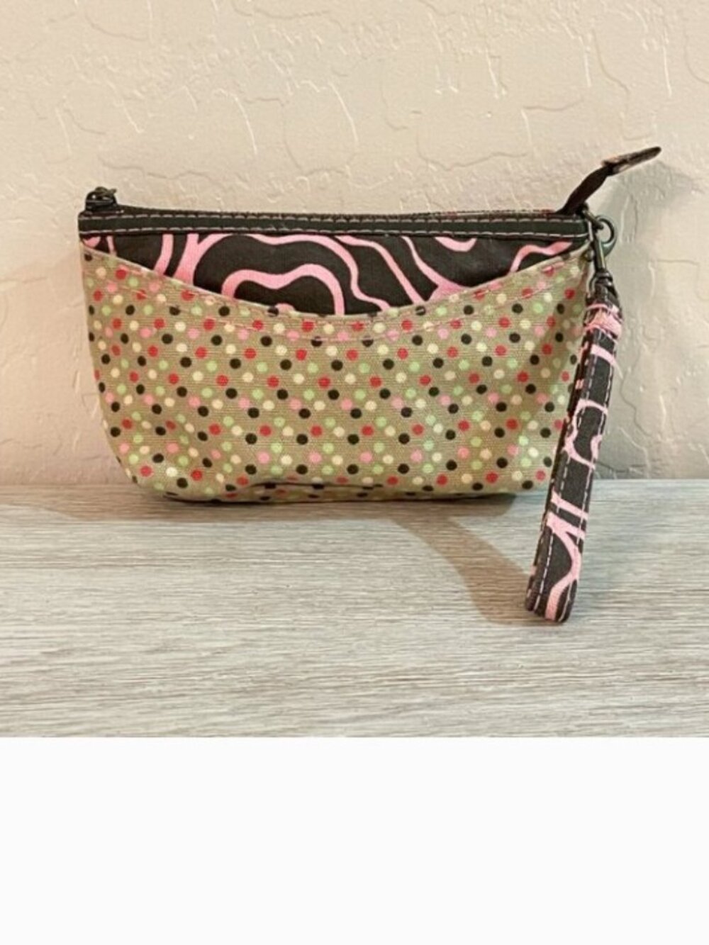 New Gap Canvas Pouch Wristlet Makeup Cosmetic Bag Love Heart Pink Brown Tan